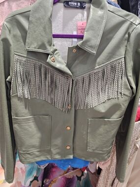Olive Green Fringe Faux Leather Jacket